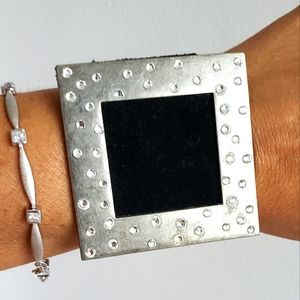 Suede Leather Industrial Metal Framed Bracelet Swarovski Crystal Velcro Closure